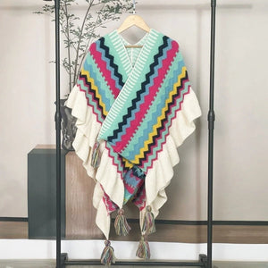 Bohemian Hippie Rainbow Knit Poncho Cape | Women's Oversized Tassel Shawl | One Size | Autumn/Winter Wraptop
