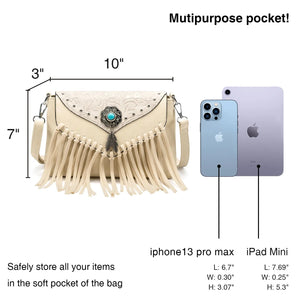 White Boho Festival Bag With Turquoise Center Stone & Tassels