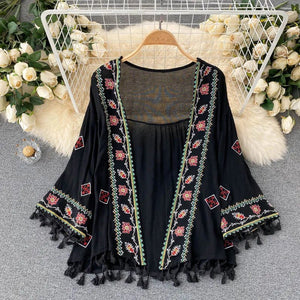 Bohemian Chiffon Cardigan Shirt | Embroidered Tassel Waist - Tie | Hippie Holiday Style | One Size