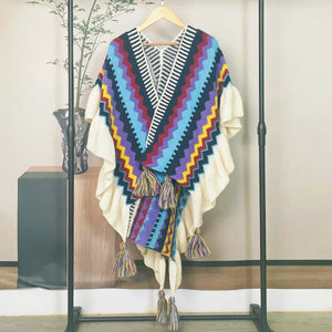Bohemian Hippie Rainbow Knit Poncho Cape | Women's Oversized Tassel Shawl | One Size | Autumn/Winter Wraptop