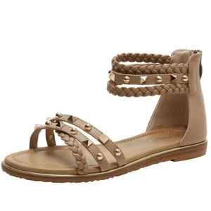 Women's Gladiator Sandals | Elegant Rivet Flat Shoes | Summer Casual Footwear | Brown, Black & Apricot | Sizes 36-42