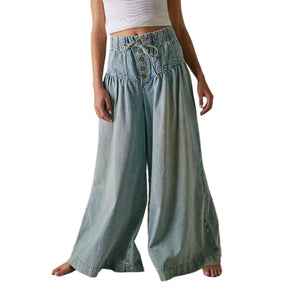 Bohemian Hippie Wide-Leg Denim Jeans | Mid Waist Pleated Cotton Drawstring Pants | Sky Blue & Dark Blue | XS–3XL