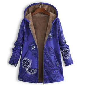 Women's Vintage Hooded Hippie Winter Coat | Unique Printed Zip-Up Jacket | Warm Loose Fit | M–3XL | Black, Blue, Green, Red
