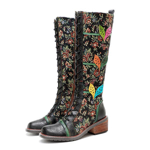 Women's Sheepskin Leather Boots | Lace-Up Chunky Heel Ankle & Knee High Boots | Hippie Flower Bohemian Design | Plus Size | Sizes 36-42