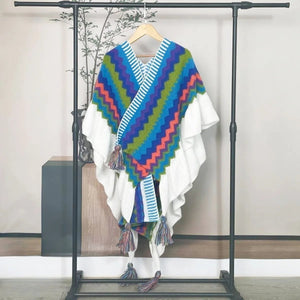 Bohemian Hippie Rainbow Knit Poncho Cape | Women's Oversized Tassel Shawl | One Size | Autumn/Winter Wraptop