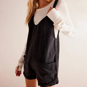 Bohemian Denim Jumpsuit | V-Neck Sleeveless Loose Fit Romper with Pockets | Black, Brown, Light Blue, Dark Blue | S–2XL