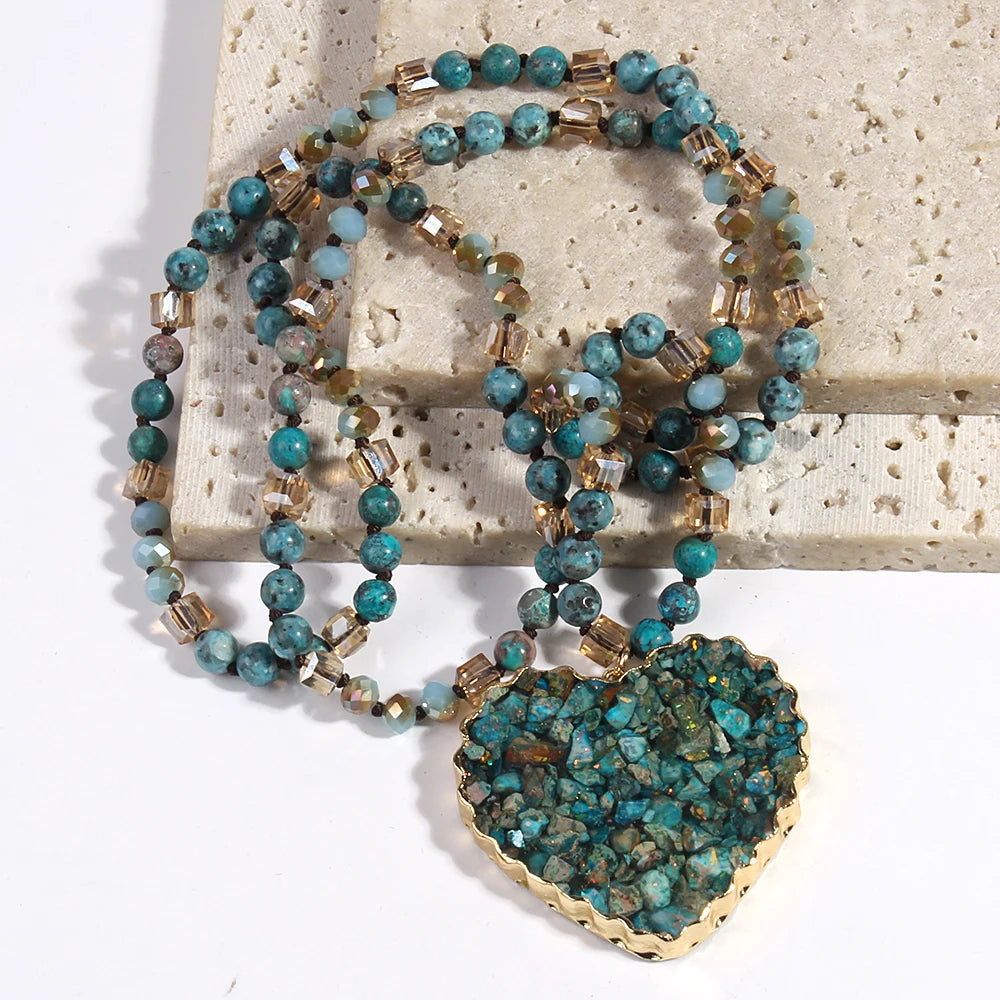 Bohemian Styled Natural Stone Necklace With Heart Shaped Pendant | Aqua Blue