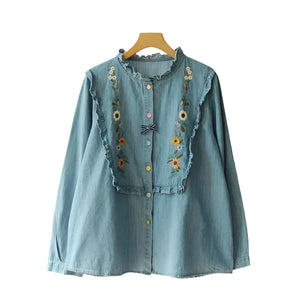 Women's Hippie Flower Long Sleeve Blouse | Ruffled Collar | Free Size