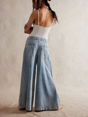 Bohemian Hippie Wide-Leg Denim Jeans | Mid Waist Pleated Cotton Drawstring Pants | Sky Blue & Dark Blue | XS–3XL