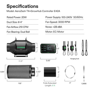 Smart Ventilation Kit Pro 4″ | AeroZesh T4 Inline Fan + WiFi Temp & Humidity Controller + Carbon Filter + Ducting | 210 CFM Quiet Airflow for Grow Tents