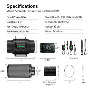 Smart Ventilation Kit Pro 6″ | AeroZesh T6 Inline Fan + WiFi Temp & Humidity Controller + Carbon Filter + Ducting | Quiet 408 CFM Airflow for Grow Tents