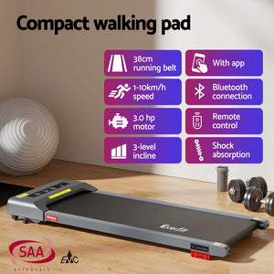 Treadmill Walking Pad 380mm | Electric Incline Under Desk Home Gym | Grey | Compact Fitness Equipment
