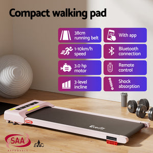 Treadmill Walking Pad 380mm | Electric Incline Under Desk Home Gym | Pink | Compact Fitness Equipment