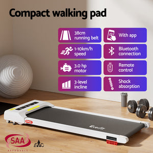 Treadmill Walking Pad 380mm | Electric Incline Under Desk Home Gym | White | Compact Fitness Equipment