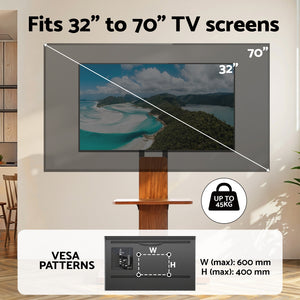 TV Stand | 32–70" Swivel Height Adjustable with Wooden Tray