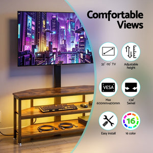 Corner TV Stand | 32–70 Inch Mount | LED Lights & Power Outlet