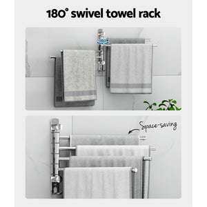 Towel Rail Rack Holder | 4 Bars | Wall Mounted | Stainless Steel | Swivel Hanging Hook