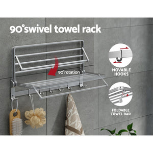 Towel Rail Rack Holder | 4 Bars | Wall Mounted | Aluminium | Foldable Hanging Hook