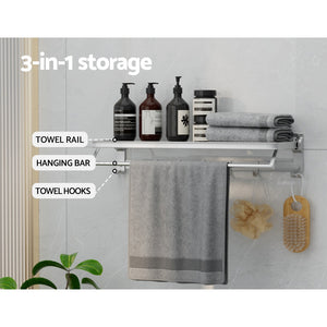 Towel Rail Rack Holder | 4 Bars | Wall Mounted | Aluminium | Foldable Hanging Hook