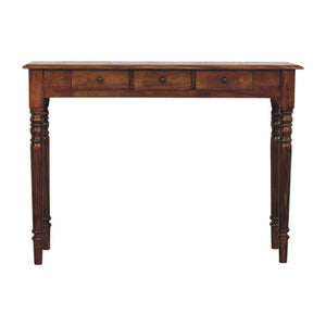 Turned Legs Chestnut Console Table | 3 Drawer Storage | Classic Timber Hall Table
