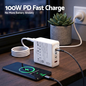 USB-C Charger | 100W 4 Port GaN Desktop Charging Station | White