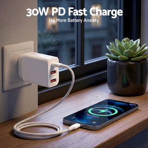 USB-C Charger | 30W 3 Port PD Charging Block | White