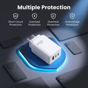 USB-C Charger | 65W 3 Port PD Wall Adapter | White