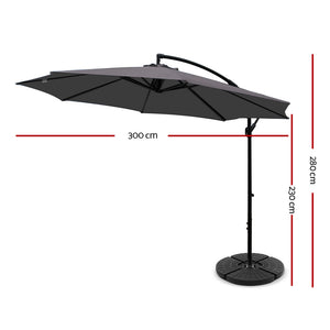 3m Outdoor Umbrella | w/Base | Cantilever | Beach Garden Patio | Charcoal