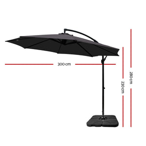 3m Umbrella | w/Base | Outdoor Cantilever Beach Garden Patio Parasol | Charcoal