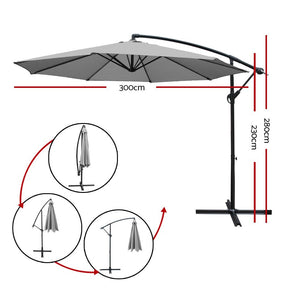 3m Outdoor Umbrella | Cantilever | Beach Garden Patio | Grey