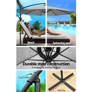 3m Outdoor Umbrella | Cantilever | Beach Garden Patio | Grey