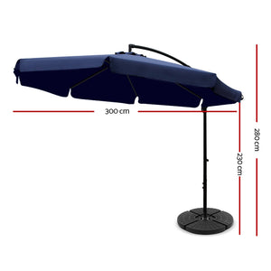 3m Outdoor Umbrella | w/Base | Cantilever | Garden Patio Beach | Navy