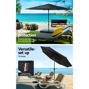 Outdoor Umbrella | 2.7m | Base | Beach Pole | Garden Tilt | Sun Patio | UV | Black