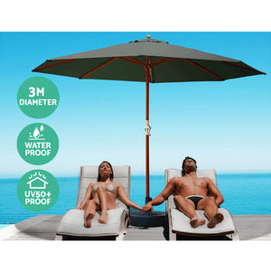 3m Outdoor Umbrella | w/Base | Pole Umbrellas | Garden Sun Stand | Deck | Charcoal