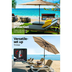 3m Outdoor Umbrella | w/Base Pole | Tilt | Beach Garden Patio | Beige