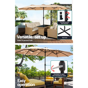 4.57m Outdoor Umbrella | w/Base Stand | Beach Pole Garden Tilt | Beige