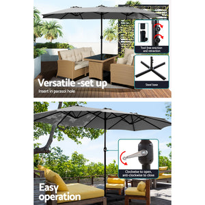 4.57m Outdoor Umbrella | w/Base Stand | Beach Pole Garden Tilt | Charcoal