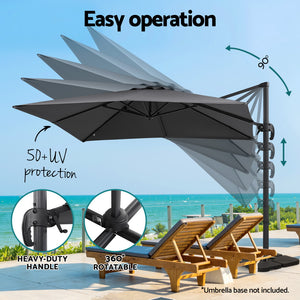 Instahut Outdoor Umbrella 3m | Cantilever Roma Umbrella with Stand | 360° Rotation | Charcoal