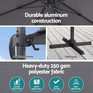 Instahut Outdoor Umbrella 3m | Cantilever Roma Umbrella with Stand | 360° Rotation | Charcoal