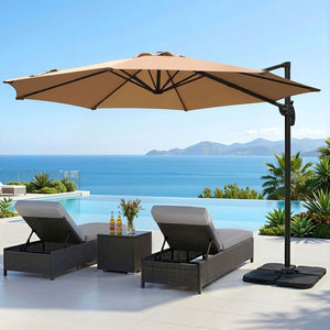 3m Outdoor Umbrella | w/Base | Cantilever Beach Roma | 360 Degree Tilt | Beige
