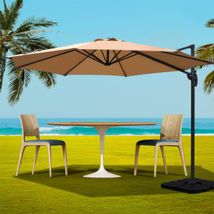 3m Outdoor Umbrella | w/Base | Cantilever Beach Roma | 360 Degree Tilt | Beige