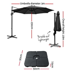 3m Outdoor Umbrella | w/Base | Cantilever Beach Roma | 360 Degree Tilt | Black