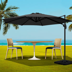 3m Outdoor Umbrella | w/Base | Cantilever Beach Roma | 360 Degree Tilt | Black