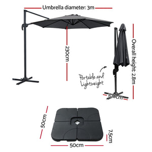 3m Outdoor Umbrella | w/Base | Cantilever Beach Roma | 360 Degree Tilt | Charcoal