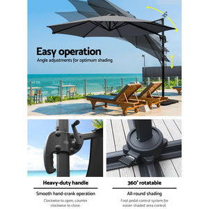 3m Outdoor Umbrella | w/Base | Cantilever Beach Roma | 360 Degree Tilt | Charcoal