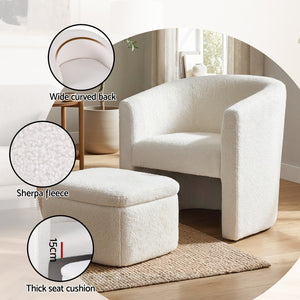 Accent Armchair with Ottoman | Storage Footrest | Boucle | White
