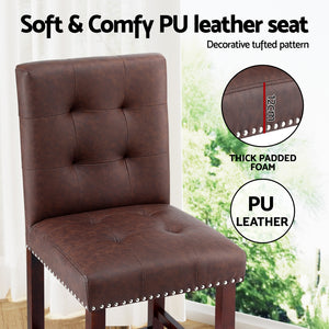Bar Stools Set 2pc | PU Leather Seat Wooden Legs | Ada | Brown