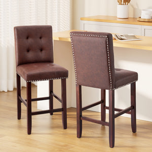 Bar Stools Set 2pc | PU Leather Seat Wooden Legs | Ada | Brown
