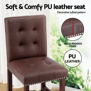 Bar Stools Set 4pc | Ada Design | PU Leather Seat | Wooden Legs | Brown