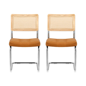Dining Chairs Set 2pc | Cantilever Design | PU Leather + Rattan | Brown